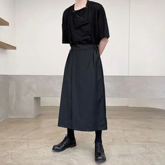 HEARUJOY  -  Mens Culottes Asymmetrical Double-Layer Casual Hakama Streetwear Fashion Outdoor Daily Youth Plain Wide-Leg Pants Men'S Clothing