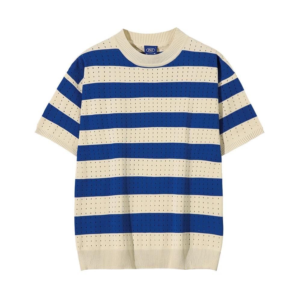 Hearujoy Korean summer  Men's Knitting Striped Male T-shirts Men's Round Neck Solid color black blue Casual Short Sleeve Pullover