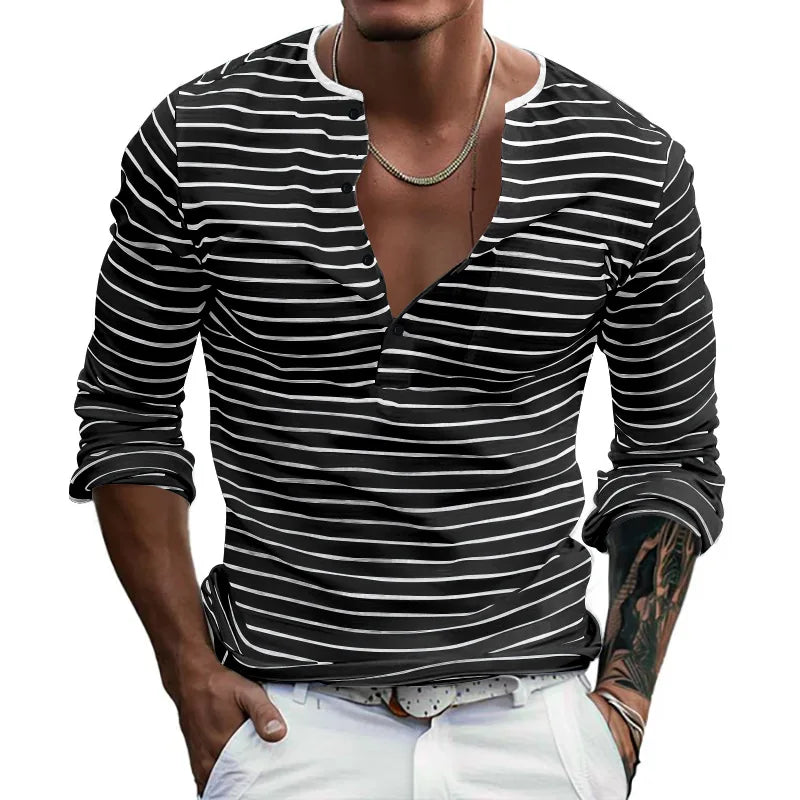 HEARUJOY  -  Men's Spring and Autumn Long Sleeve V-neck Button-down T-shirt Slim-fit Henley Shirt Horizontal Striped Top
