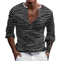 HEARUJOY  -  Men's Spring and Autumn Long Sleeve V-neck Button-down T-shirt Slim-fit Henley Shirt Horizontal Striped Top