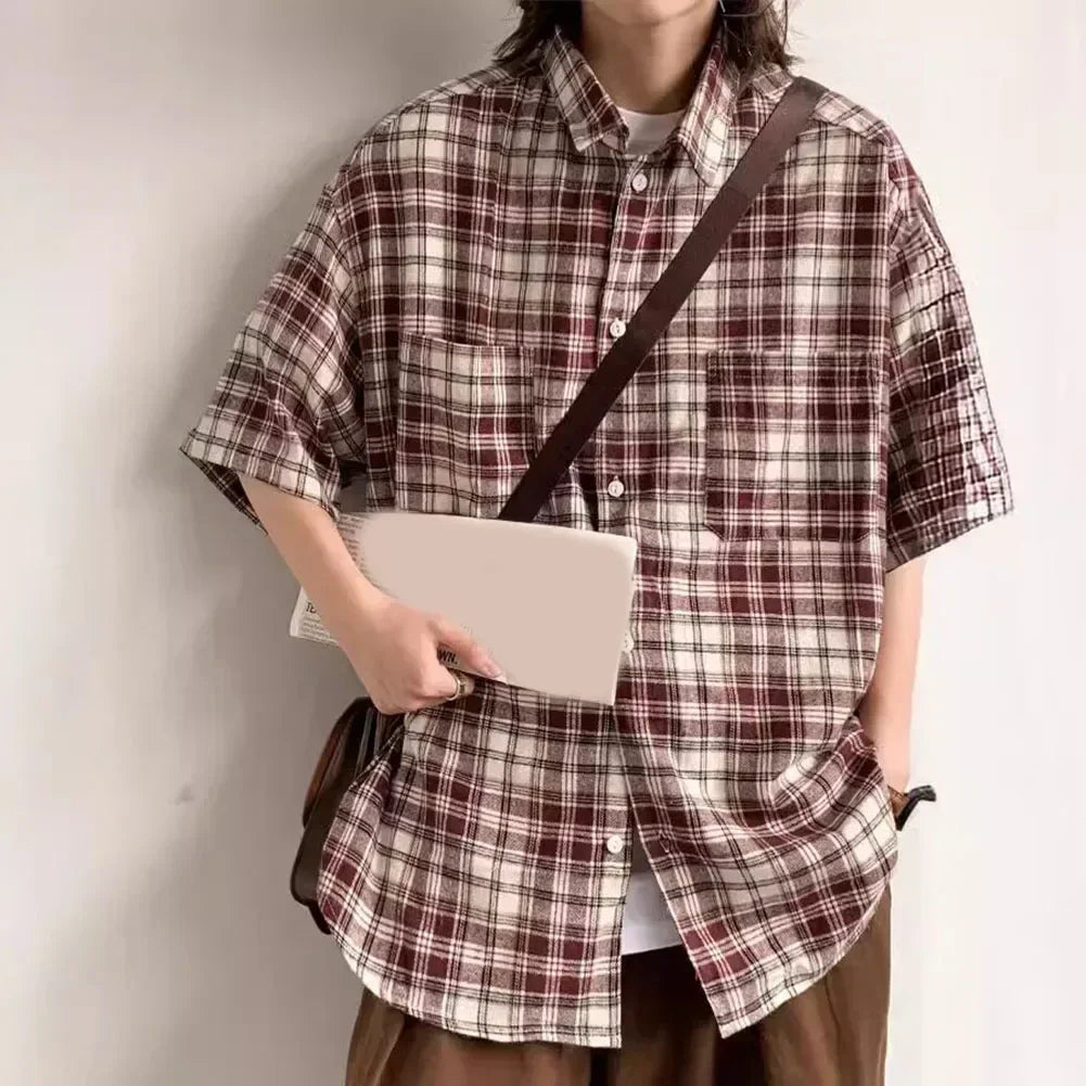 HEARUJOY  -  Plaid Shirt For Men Casual Couple Loose Mens Shirt Polyester Fabric Slight Stretch All Seasons Applicable Male