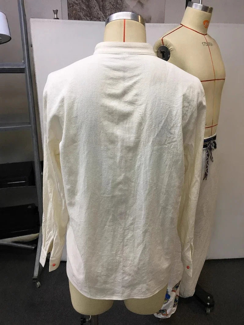 HEARUJOY  -  Men Open Collar Embroidery Long Sleeved Shirt Top Ethnic Style Retro Cotton Shirt High Quality Fashion Vintage Shirt Streetwear