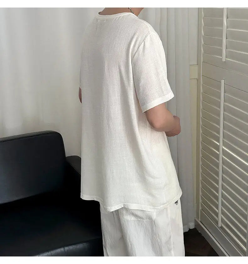 HEARUJOY  -  Korean Style Men's T-shirts Round Collar Short Sleeved Solid Color Mensweae New Summer Pullover Loose Male Tees
