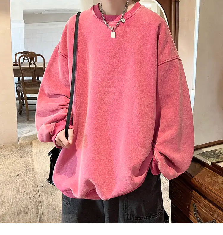 HEARUJOY  -  American Washed Old Pullovers Sweatshirts Men Loose Solid Color 2025 Autumn Large Size Warm O Neck Tops Hip Hop Y2k Sweatshirt