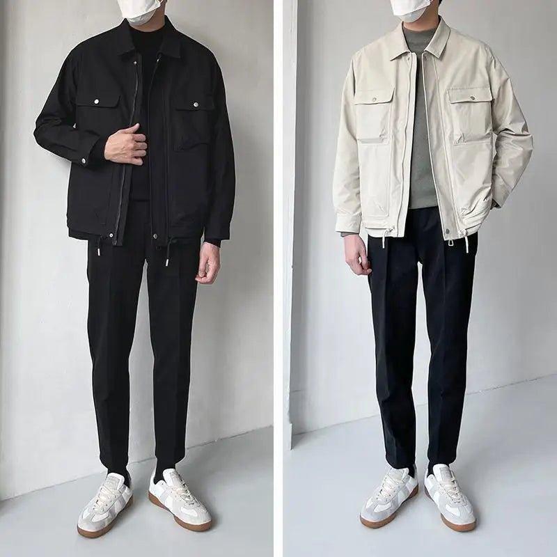 HEARUJOY  -  Lapel men's spring and autumn casual workwear Korean style fashion black short