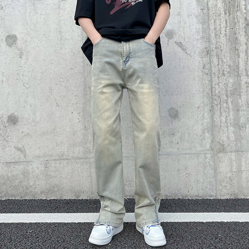 Hearujoy High Street Mud Yellow Micro La Elastic High Waist Boys' Denim Pants American Side Zipper Design Feel Pants