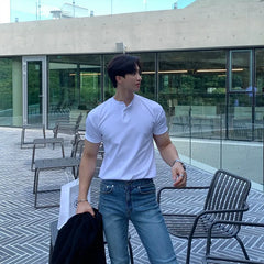 HEARUJOY  -  New Men Light Luxury Henry Collar T-Shirt Leisure Button-down Solid Color Short Sleeve Korean Style 2025 Summer Streetwear M-3XL