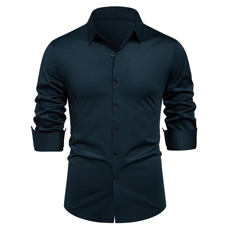 HEARUJOY  -  Men's Elastic Spring and Autumn New Long Sleeve Shirt Anti-wrinkle Free Ironing Business Comfort Breathable Slim Men Dress Shirt