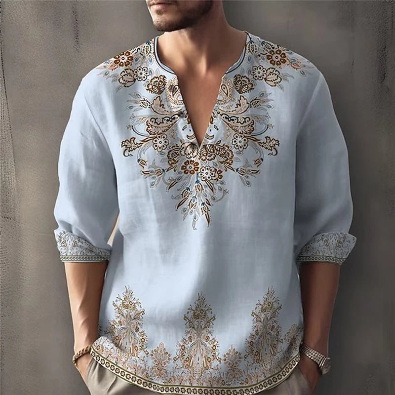 HEARUJOY  -  Vintage Ethnic flower 3D Print Shirt For Men Spring Autumn Long sleeve V-neck Tee Tops Fashion Casual Pullover Shirts Streetwear