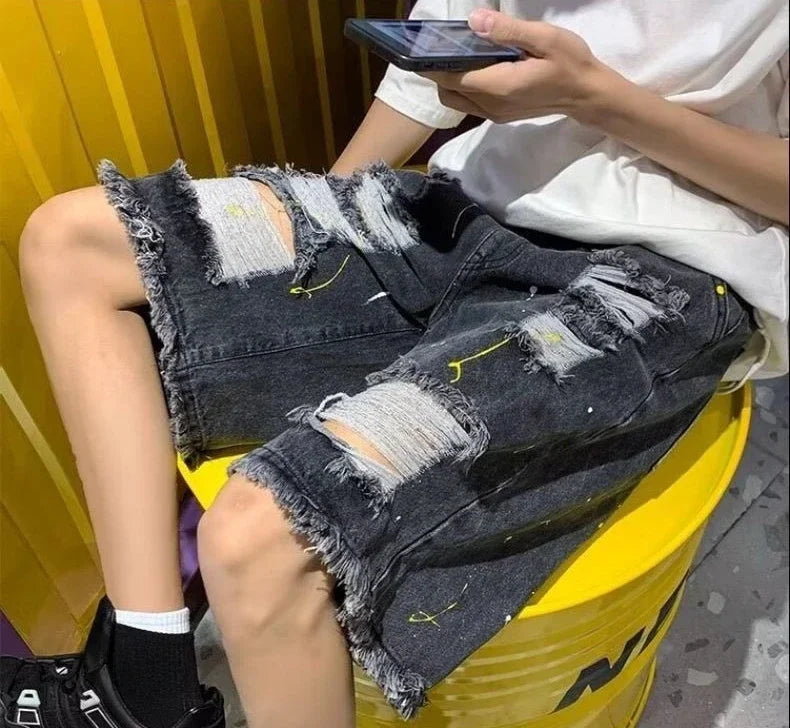 HEARUJOY  -  Loose Wide Ripped Bermuda Big Size with Pockets Half Long Baggy Oversize Short Jeans Pants for Men Man Denim Shorts Popular Emo