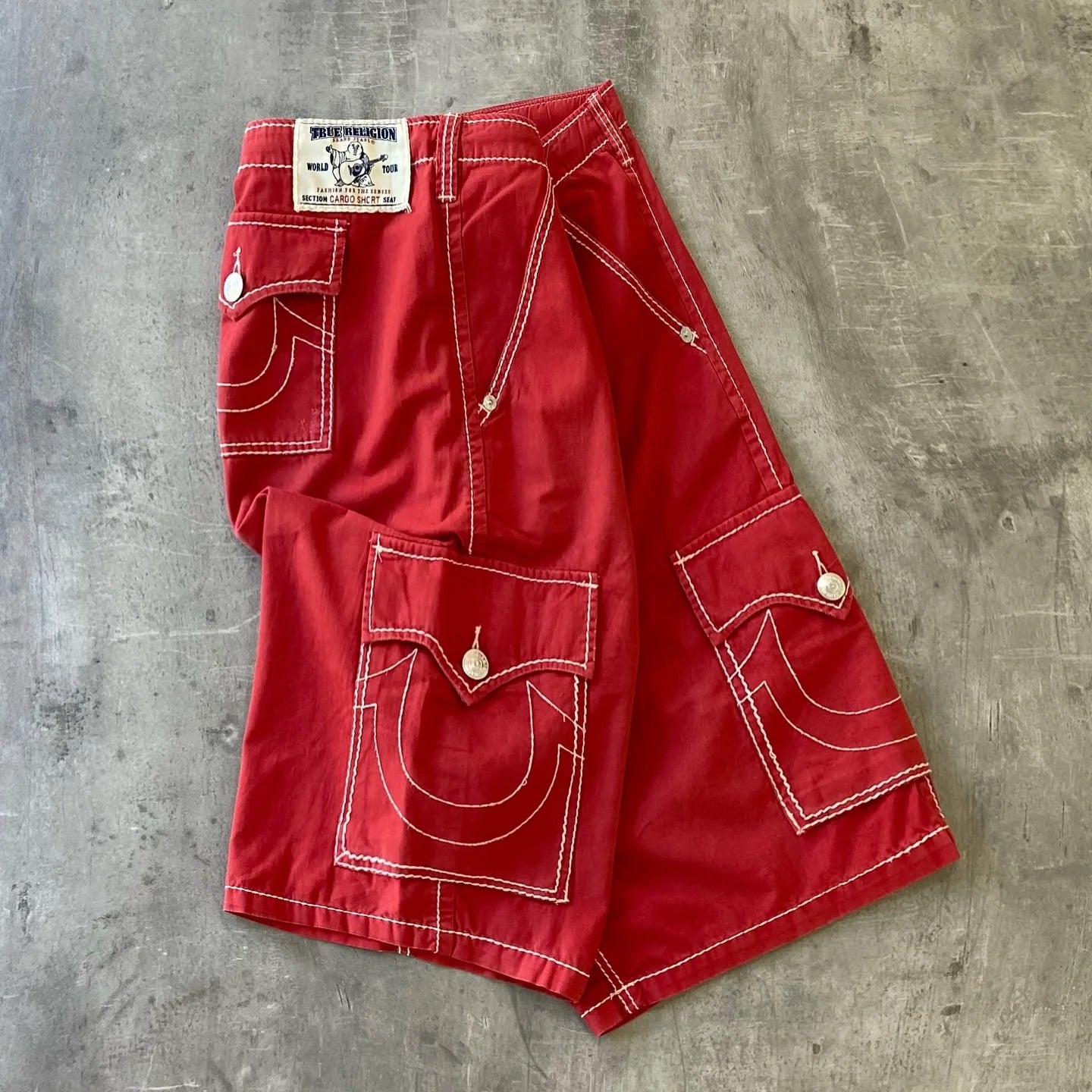 Hearujoy Y2K New Line Embroidered Red Denim Mid Pants American Retro Gothic Jeans Men Street Hip Hop Harajuku Punk Loose Wide Legs Shorts