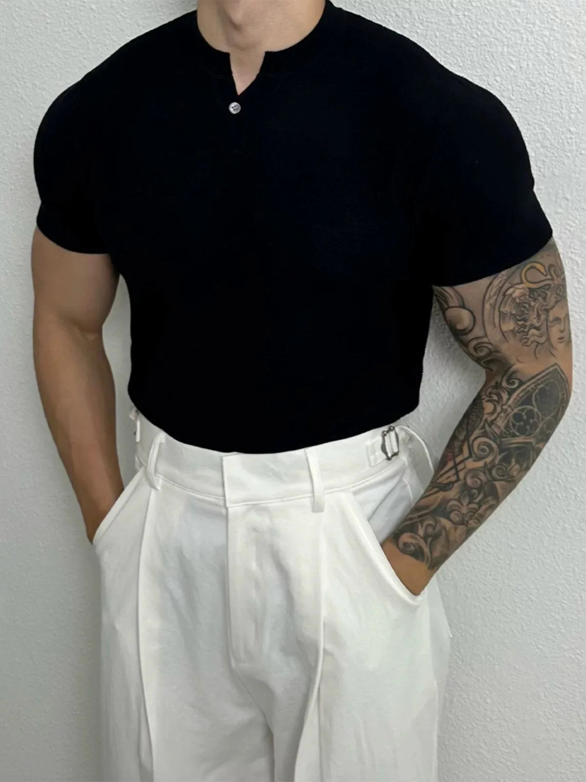 HEARUJOY  -  New Men Luxury Henry Collar T-Shirt Leisure Slim Button-down Solid Color Short Sleeve Tops Korean Style Summer Breathable Tees