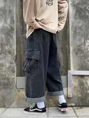 HEARUJOY  -  Baggy Jeans Men's Oversize Streetwear Fashion Wide Leg Cargo Pants Hip Hop Harajuku Multi-Pocket Denim Trousers Black Blue