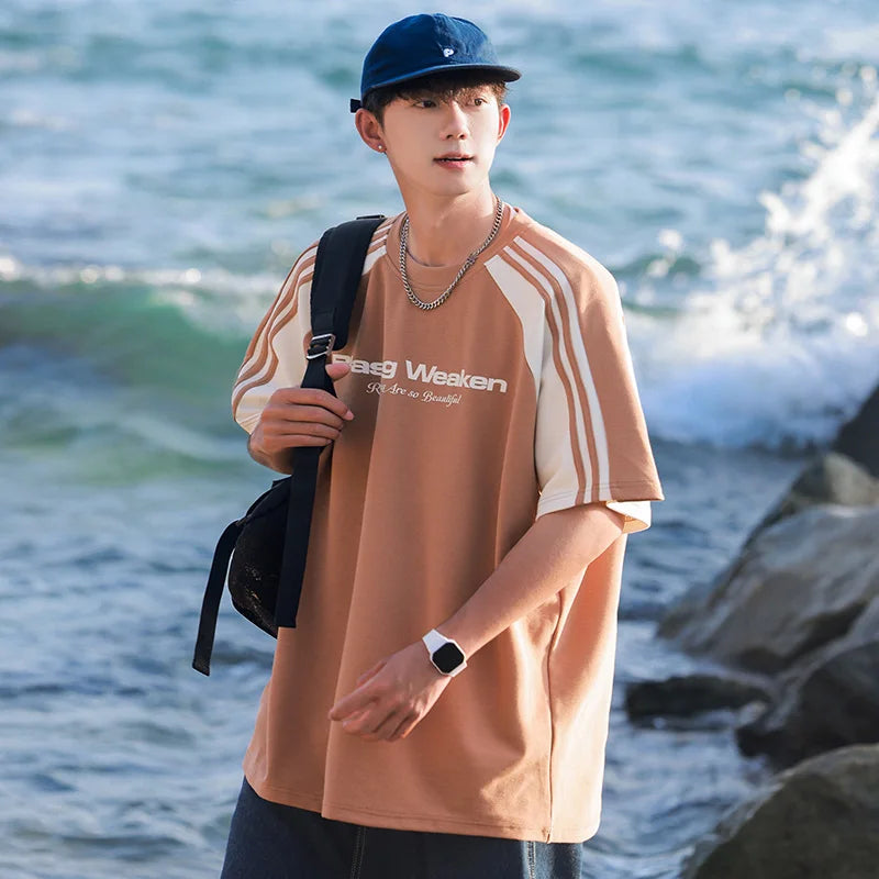 HEARUJOY  -  Streetwear Men Patchwork Striped Design T-shirt Unisex New in Summer Loose Fit American Vintage Casual Round Neck TopsTees
