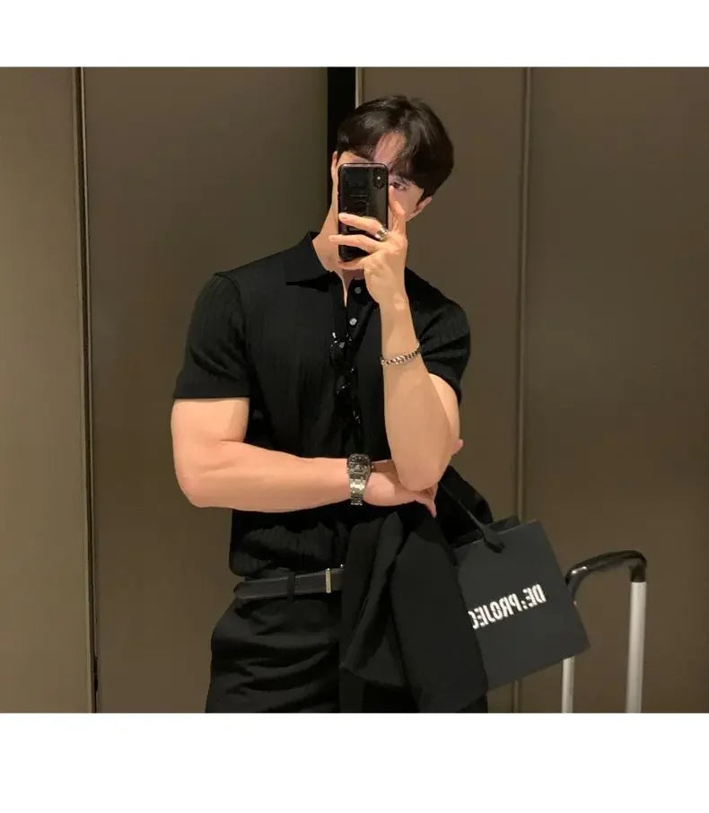 HEARUJOY  -  Lapel Polo Shirt Short-sleeved Men's Trendy Brand Loose Casual Summer Thin Solid Color Knitted Sweater T-shirt Base Shirt