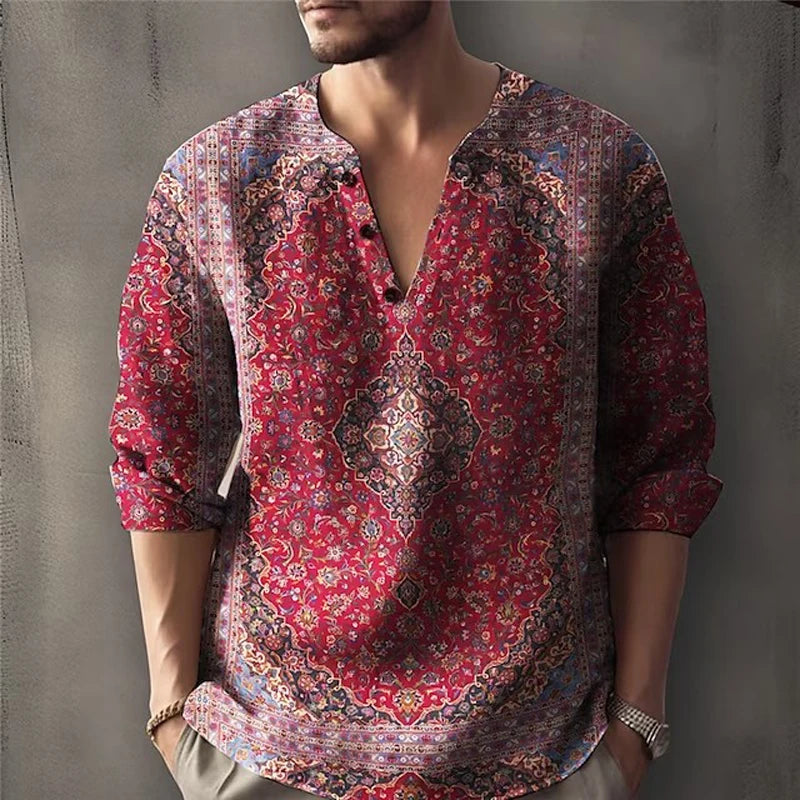 HEARUJOY  -  Vintage Ethnic flower 3D Print Shirt For Men Spring Autumn Long sleeve V-neck Tee Tops Fashion Casual Pullover Shirts Streetwear