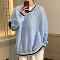HEARUJOY  -  Preppy V-neck Sweater for Men Couples Pullovers Ins Knitted Top Autumn Korean Trendy Loose-fit Line Clothes for Students Youth