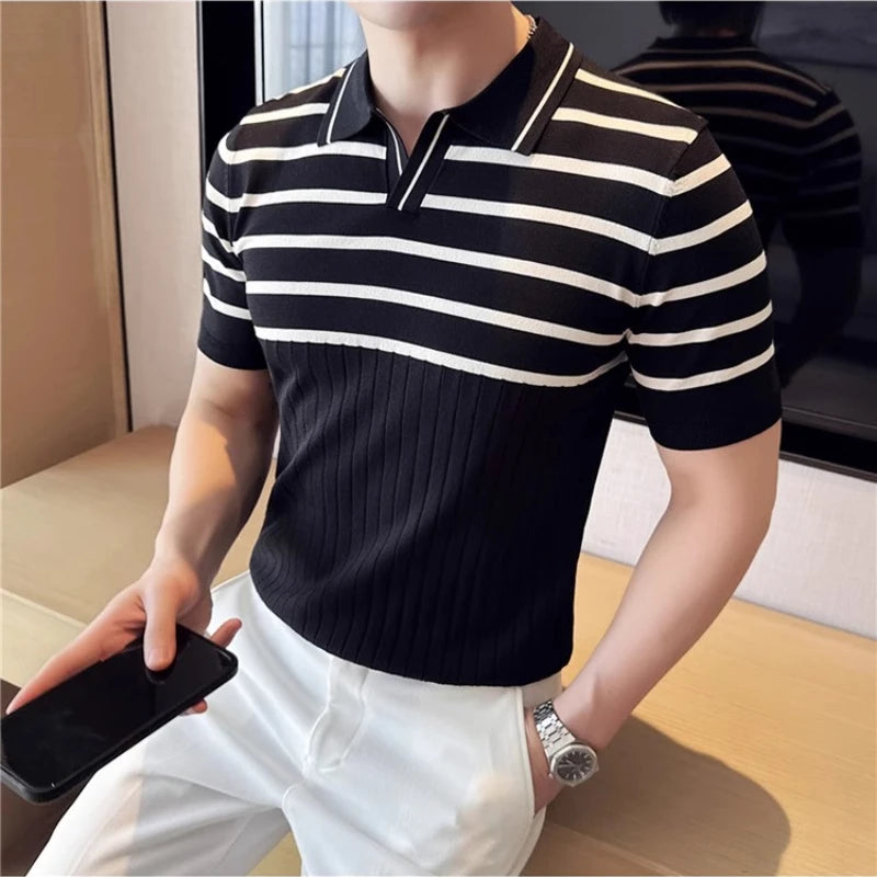 HEARUJOY  -  Men's Summer Ice Silk Slim  Polo Shirt - Striped Knit Color-Blocked V-Neck Short Sleeve Top for Breathable Stylish Casual Wear