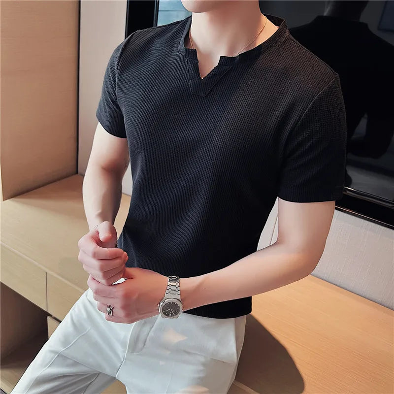 HEARUJOY  -  Men's Waffle Knit T-Shirt Short Sleeve - Premium Breathable Ice Silk Slim Fit Tee, Lightweight Casual Top, Coffee
