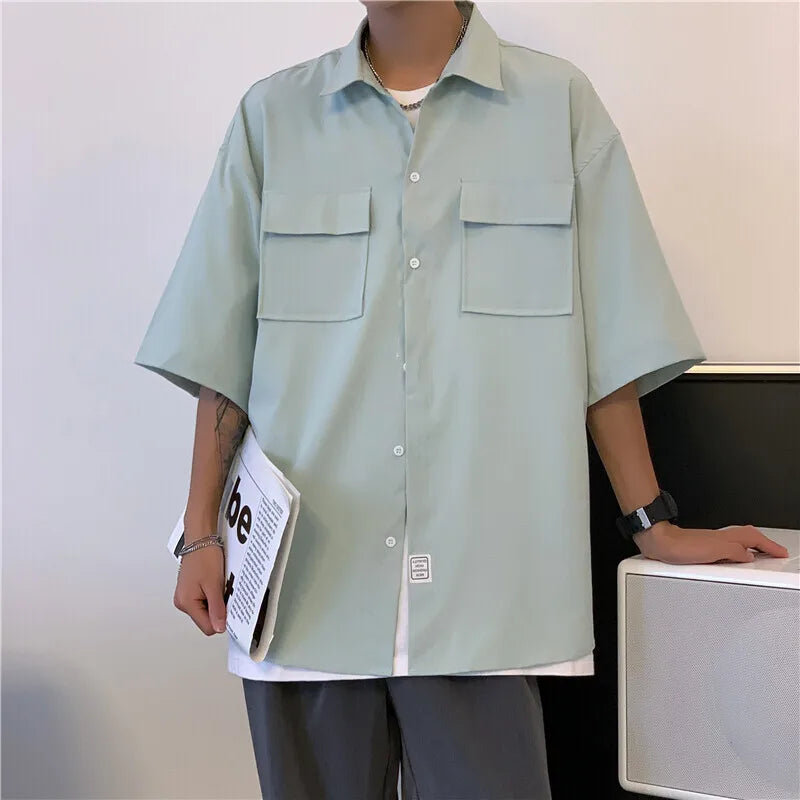 HEARUJOY  -  Summer Short Sleeved Shirt Men Pocket Casual Shirt Men Japanese Streetwear Loose Ice Silk Shirts Mens White Shirt Plus Size 4XL