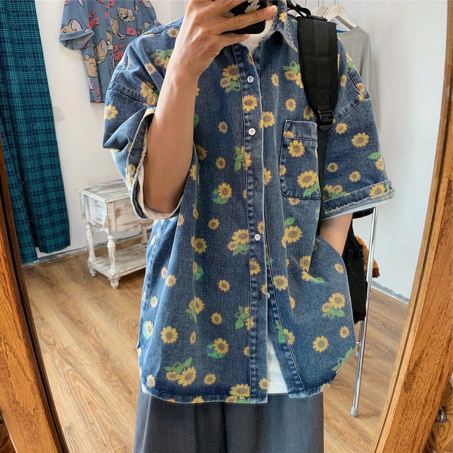 HEARUJOY  -  Summer Men Vintage Denim Shirts Short Sleeve Floral Printed Blouse Casual Loose Male Jean Coats Single-breasted Pocket Tops