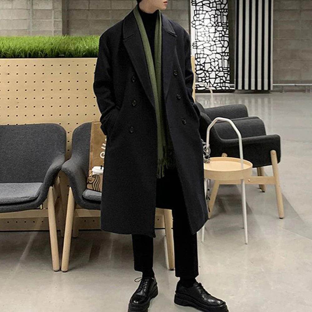 Hearujoy Mens Double-Breasted Mid-Length Coat Autumn Winter Genderless Korean Style Fashion Commuter Thickened Elegant Retro Coat Unisex