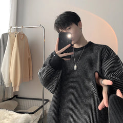 Hearujoy Autumn Men's Luxury Striped Knit Pullover Sweater Long Sleeve Casual Streetwear Loose Stylish Leisure Korean Popular Knitwear