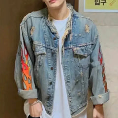 Hearujoy High Street Cleanfit Ripped Flame Embroidery Hole Washed Blue Denim Jackets Men and Women Vintage Frayed Baggy Jeans Coat