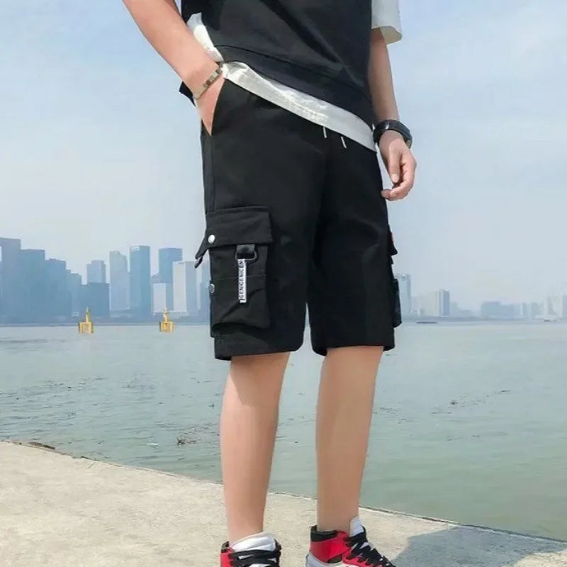 HEARUJOY  -  Oversize Wide Multi Pocket Loose Baggy Short Pants for Men Solid Big Size Elastic Waist Mens Cargo Shorts Hevy Whate Cotton Tall