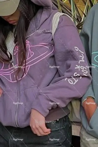 Hearujoy Retro Letter Print Hoodie Zipper American Purple Streetwear Casual Clothes Hip Hop High Street Oversize Sweatshirts Loose Coat