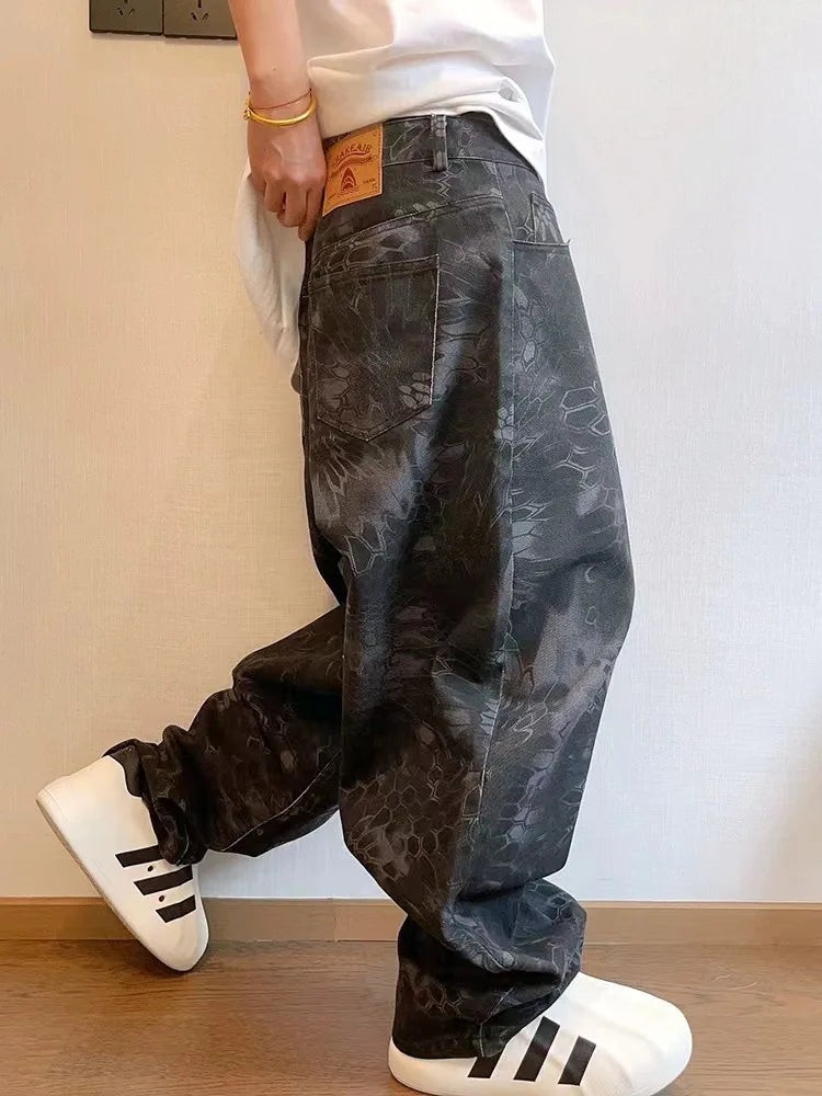 Hearujoy  Snake Animal Print Camouflage Pants for Men Wide Leg Jeans Demin Trousers Male Streetwear  Hip Hop Vintage Casual