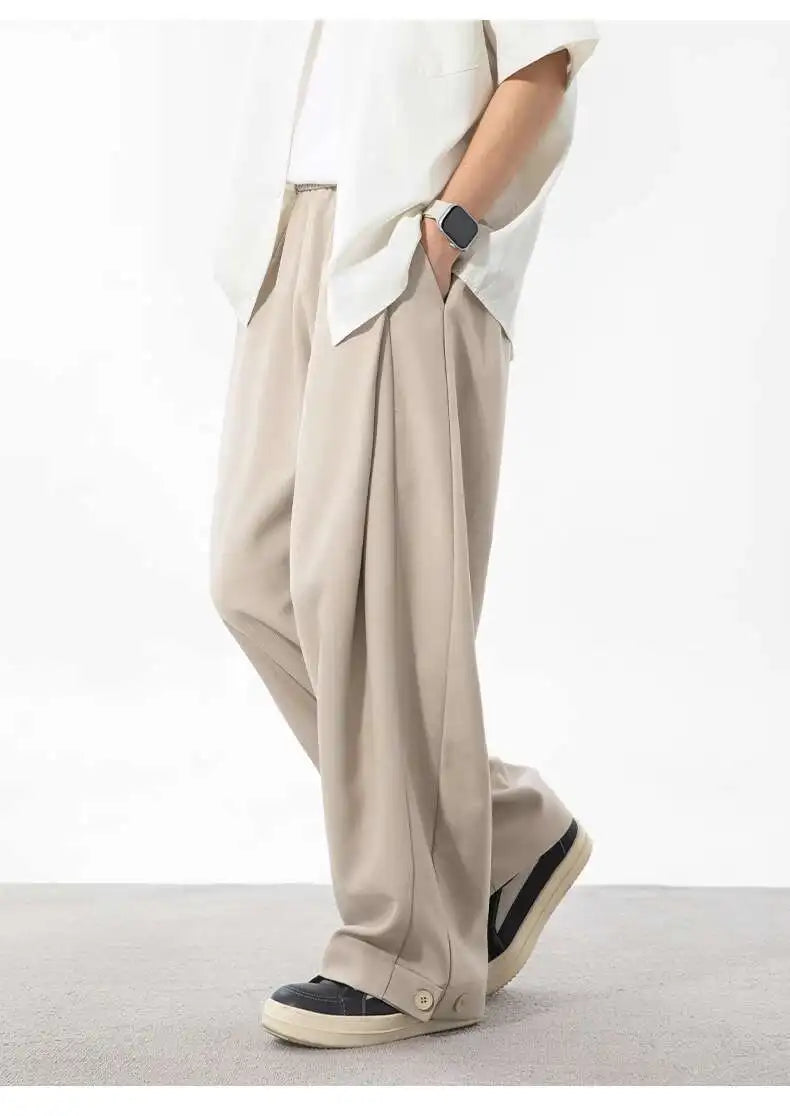 HEARUJOY  -  Korean Style Men's Suit Pants Solid Color Pleated Design Botton Drawstring Simple Elastic Waist Summer Male Trousers