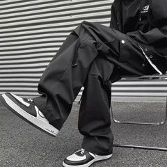 Hearujoy Hip Hop High Street Trendy Pants Men's Autumn Outdoor Solid Drawstring Pockets Button Patchwork Loose Straight Casual Trousers