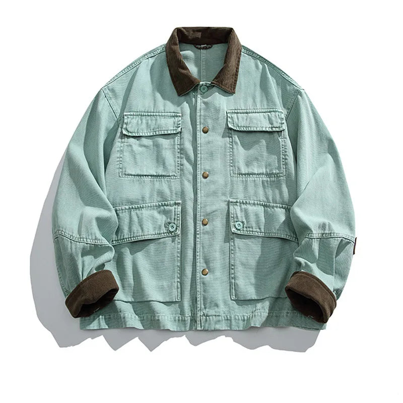 HEARUJOY  -  American Retro Heavyweight Washed Denim Jacket Multi-Pocket Workwear Coat with Contrast Collar Oversized Utility Streetwear