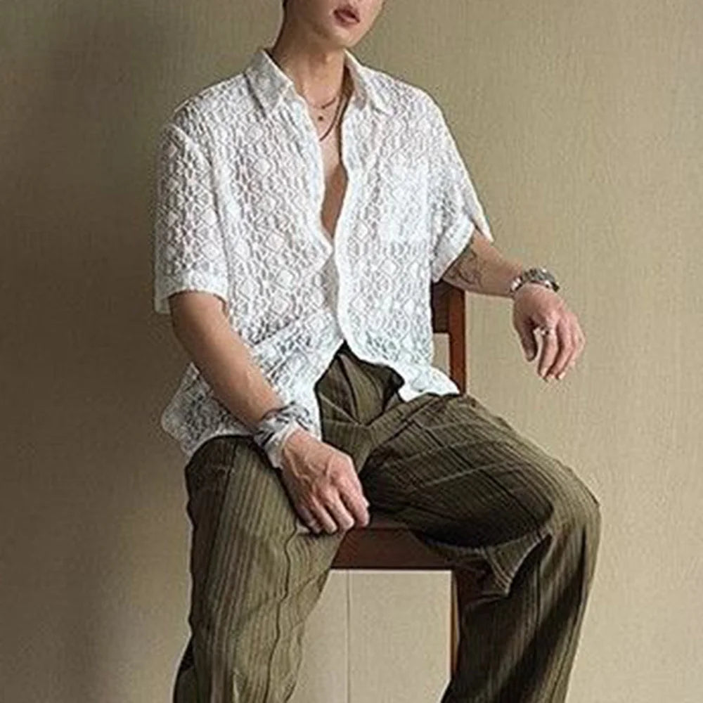 HEARUJOY  -  Mens Shirt Lace See-Through Transparent Geometric Shirt Summer Beach Vacation Hawaiian Slim Short Sleeve Top Men'S Clothing