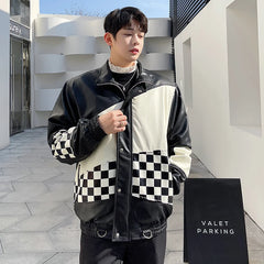 Hearujoy Spring autumn fashion streetwear Korean checkerboard stitching leather jacket men loose casual handsome leather jacket