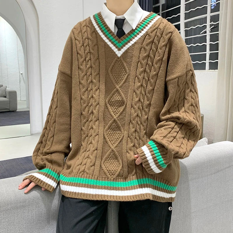 Hearujoy Winter Sweater Men Warm Fashion Casual Knitted Pullover Men Korean Loose V-neck Long Sleeved Sweater Mens Jumper Clothes M-2XL