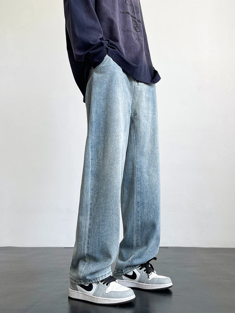 HEARUJOY  -  Spring Summer Men's Jeans Korean Fashion Black Blue Wide Leg Denim Pants Loose Straight Jean Trousers