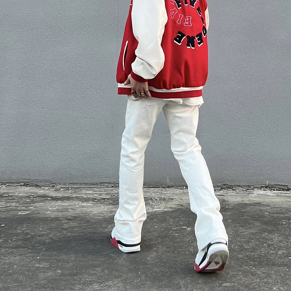 Hearujoy High Street Micro Flare Denim Pants Slim White Jeans Overall Men's Fashion Casual Vibe Relaxed Solid Color Washing Jeans Pants