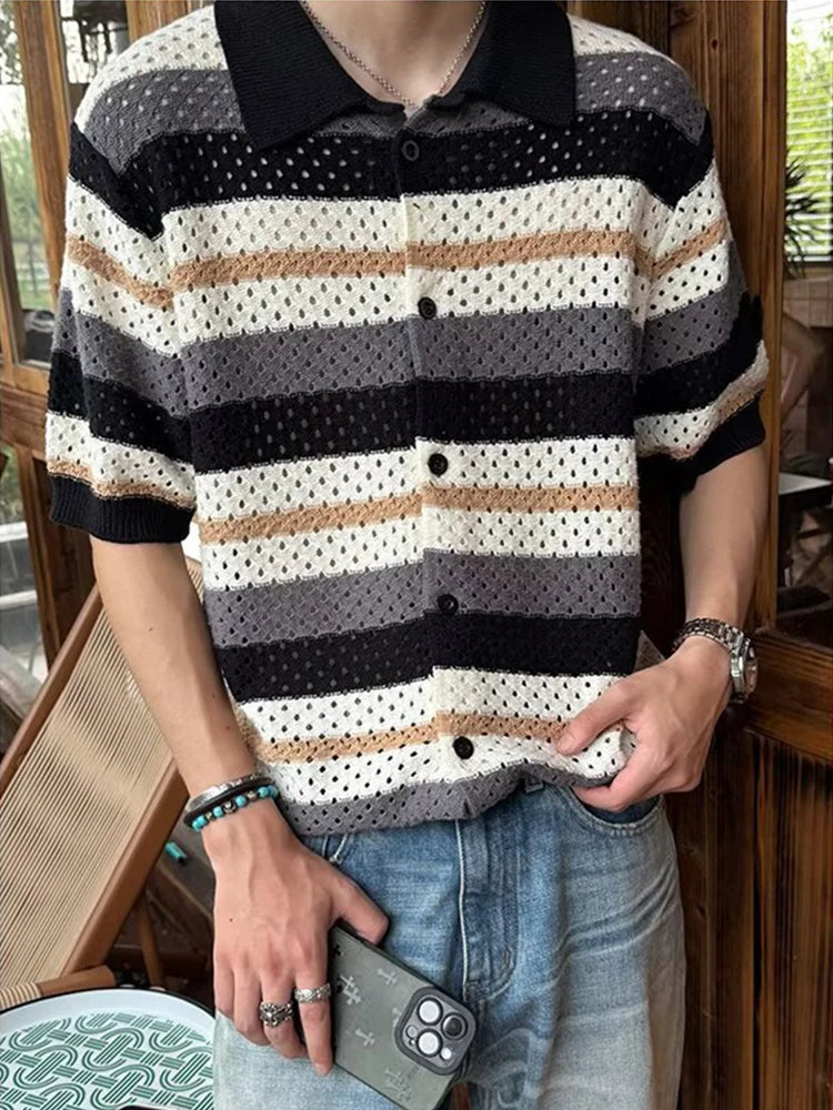 HEARUJOY  -  Ice Silk Knitting Shirts Mens 2025 Summer New Casual Striped Knit Cardigan Tops Men Clothing Vintage Buttoned Short Sleeve Shirt