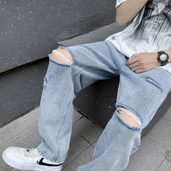 Hearujoy Men's Perforated Jeans Summer Thin Loose Fit Straight Leg Pants American High Street Vintage Knife Cut Solid Jeans