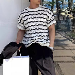 Hearujoy Mens casual striped knitted T-shirt genderless 2024 new niche temperament personality breathable short-sleeved tops unisex