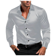 HEARUJOY  -  Stylish Collar Solid Color Smooth Thin Long Sleeve Casual Shirt Men's Shiny
