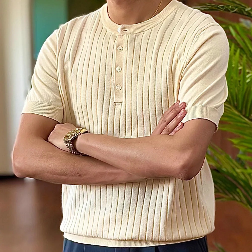 HEARUJOY  -  Cotton Blend Breathable Comfortable Trendy Knitted T Shirt Homme Top Quality T-Shirt Man Henry Neck Short Sleeved T-shirt Man