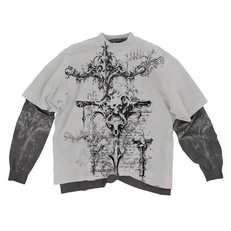 Hearujoy Y2K New Gothic Long-Sleeved American Vintage Letter Printed Fake Two Piece T-shirt Men Hip-Hop Harajuku Punk Casual Cotton Tops