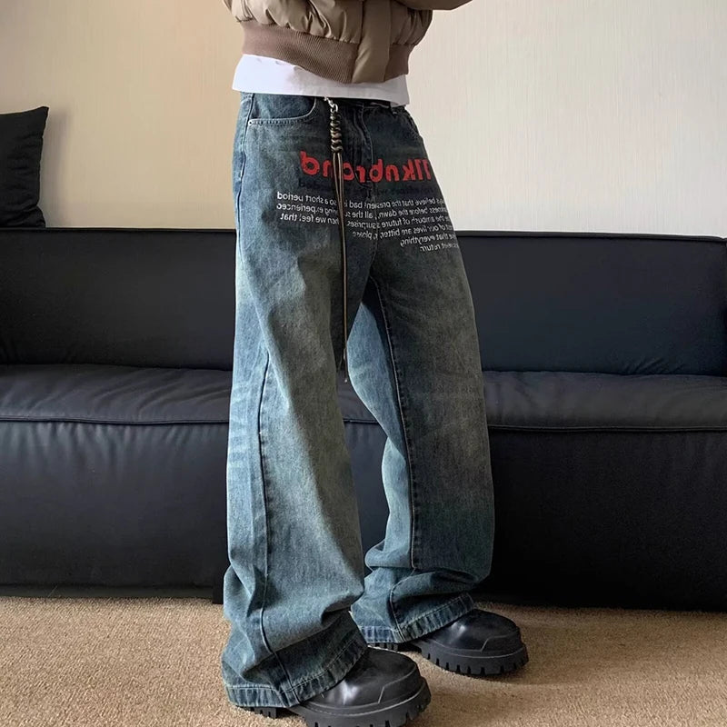 HEARUJOY  -  Korean Version Retro Letter Printed Jeans For Men Loose Straight Leg Wide Leg Pants High Street Hip-Hop Design Casual Pants