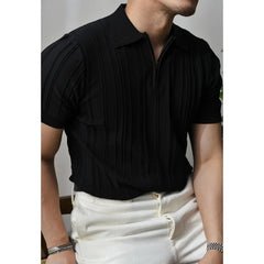 HEARUJOY  -  Summer Men Solid Zipper Knitted Polo Shirt Streetwear Fashion Male Clothes Lapel Slim Basic Business Casual Short Sleeve Tops