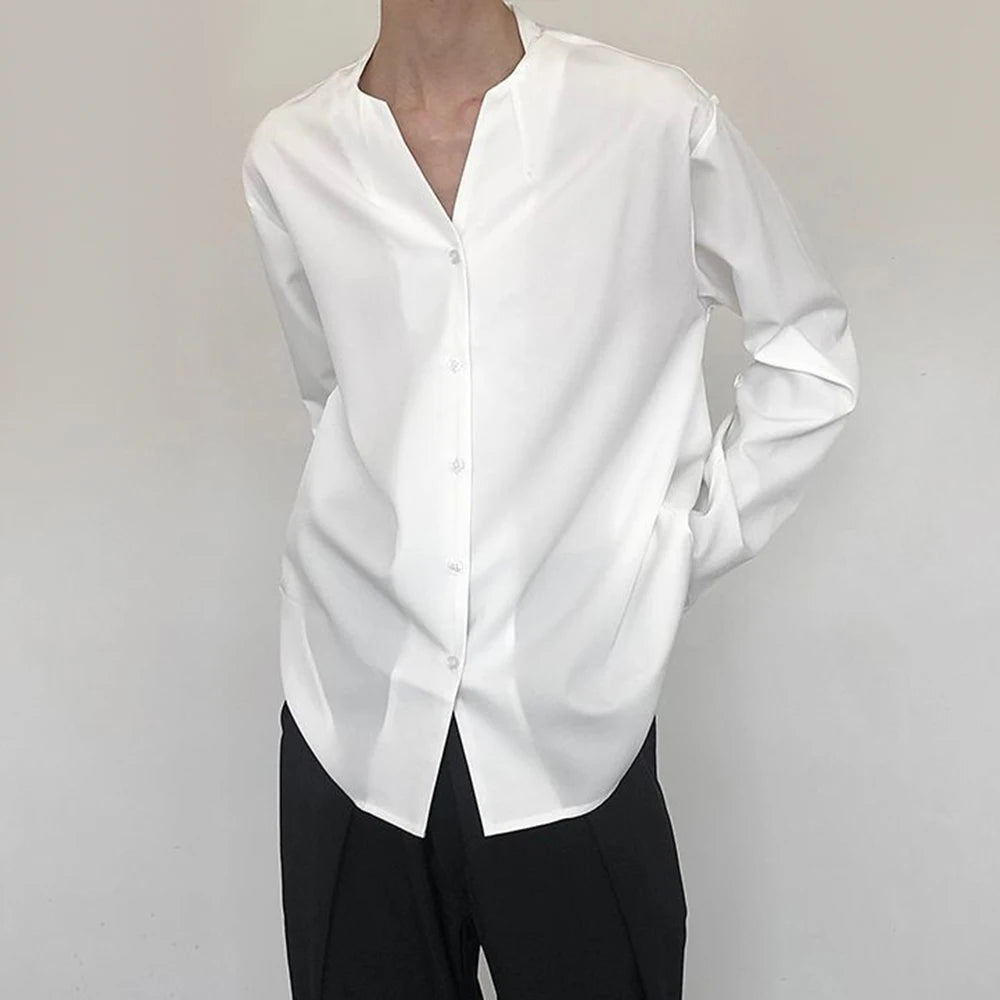 Hearujoy Mens Casual V-Neck Long-Sleeved Shirts Genderless 2024 Spring Summer New Fashion Solid Color Versatile Youth Trend Tops Unisex