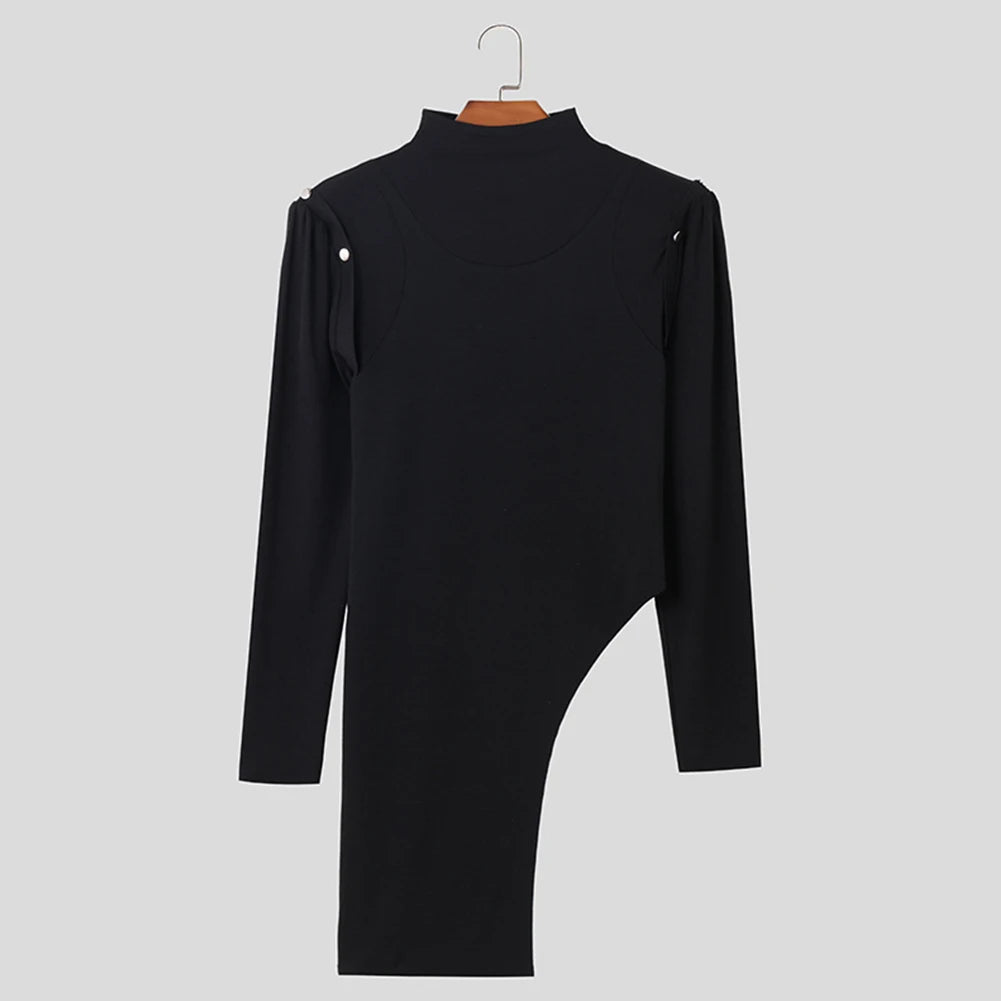 HEARUJOY  -  Everyday Casual Men Long Sleeve T Shirt Irregular Turtleneck Casual Off Shoulder Top Fall Clothing Regular Length