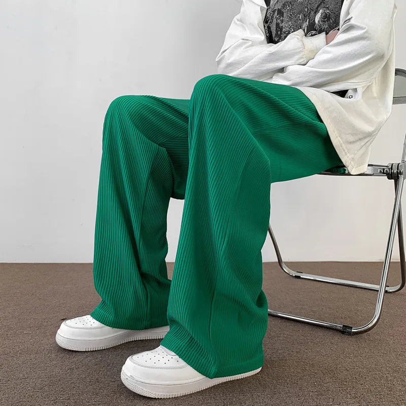 Hearujoy Green Pleated Pants Men Oversized Fashion Casual Wide Leg Pants Men Japanese Streetwear Loose Ice Silk Pants Men Trousers M-2XL